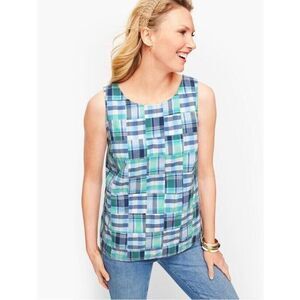 Talbots Patchwork Button Back Tank Top Womens Medium Blue Plaid Madras Cotton